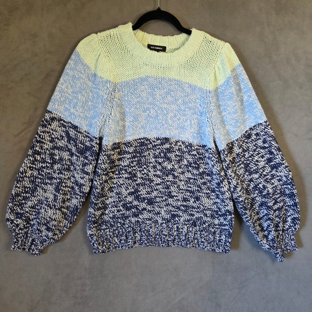 525 America Colorblock Chunky Sweater Women Medium Balloon Sleeve Coastal